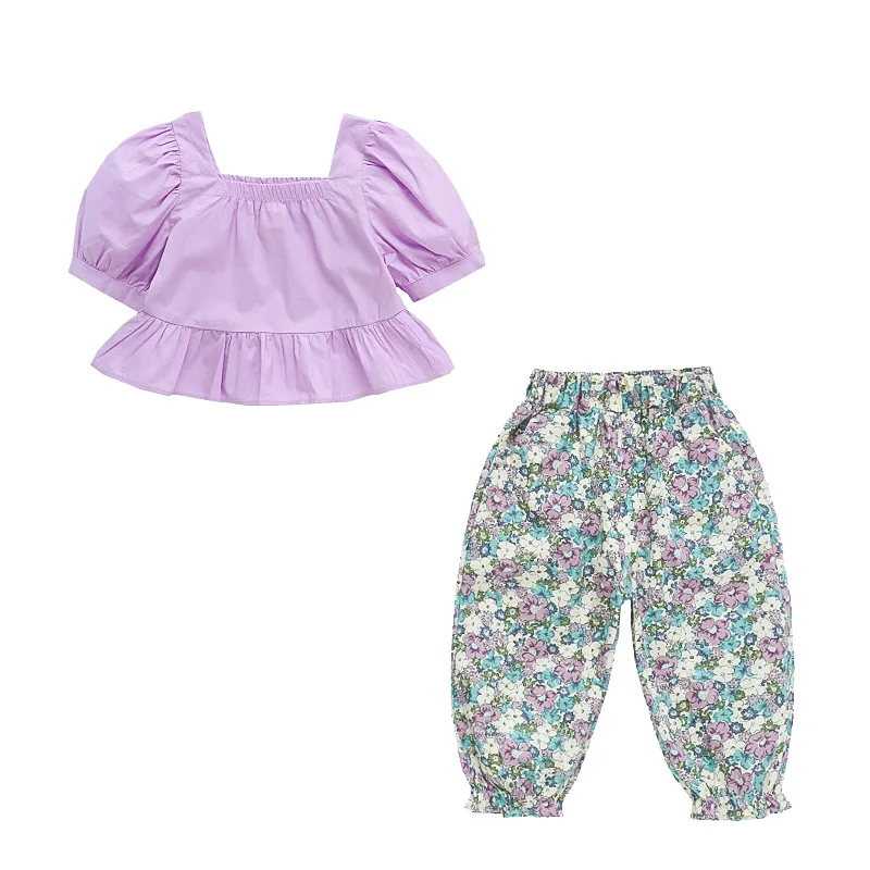 

kids baby girls summer short puff sleeve solid tops T-shirts flower harem long pants toddler children casual clothes sets 2pcs