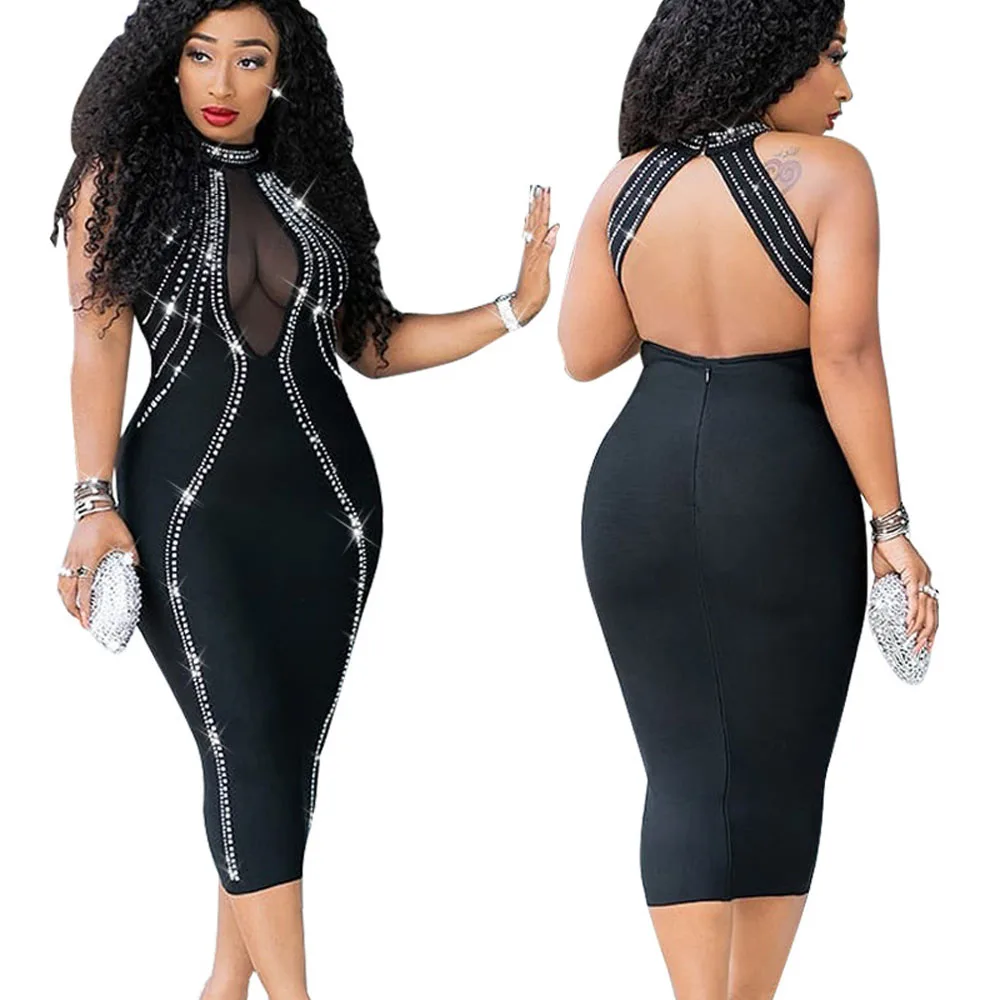 Женское Прозрачное платье на молнии с открытой спиной и бриллиантами|Женские