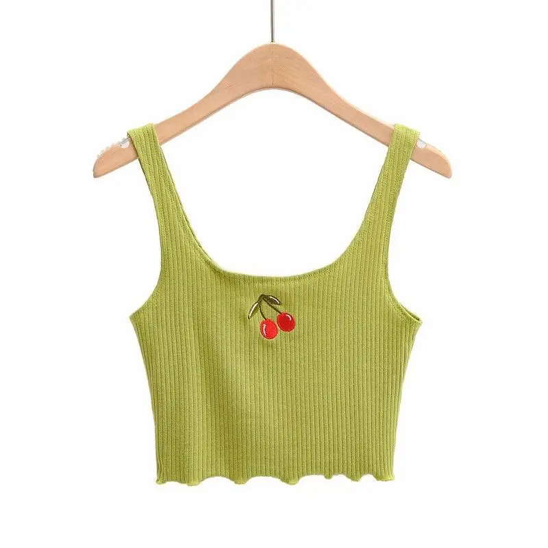 

Sweet Y2k Tanks Short Open Navel Sleeveless Top Female Lovely Cherry Embroidery Tight U-neck Low Chest Vest Streest Blue Tops