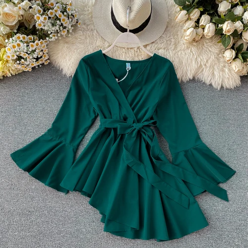 Dark green Neploe, тонкая, приталенная, на шнуровке, необычная, темпераментная блузка с v-образным вырезом, расклешенная, с длинным рукавом, с оборками, Blusas, осень-весна, новая рубашка 47903 - Цвет: Dark green