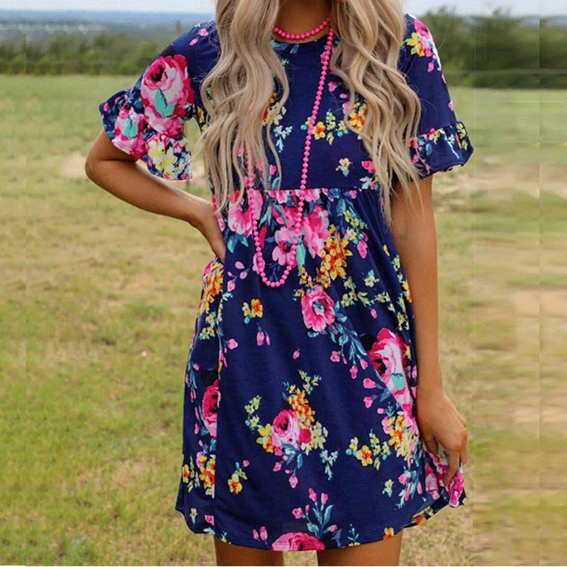 

Fashion O-Neck Butterfly Sleeve Pullover Mini Dress 2021 Summer Boho Chic Floral Printing Women Casual Beach Vestidos Plus Size