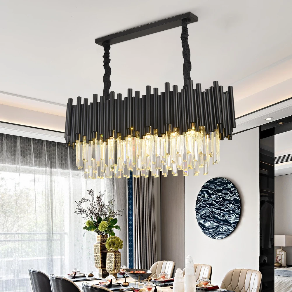 Candelabro de cristal moderno para decoración del hogar, lámpara de cristal de lujo para comedor, Isla de cocina, color negro, Diseño ovalado