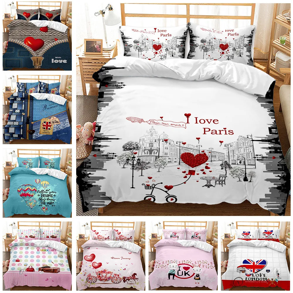 

Lovely Valentine's Day Love Printing Bedding Set 3D Small Fresh Style Down Bed Cover Pillowcase Bedroom Decoration Home Textile