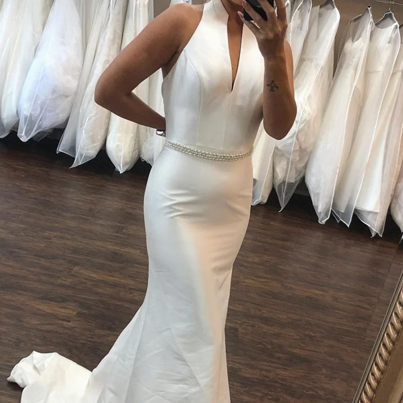 

Simple 2021 Mermaid Wedding Dress Halter With Belt Crystal Sash Satin Bridal Gown Robe De Mariee White Fishtail Stunning Brides