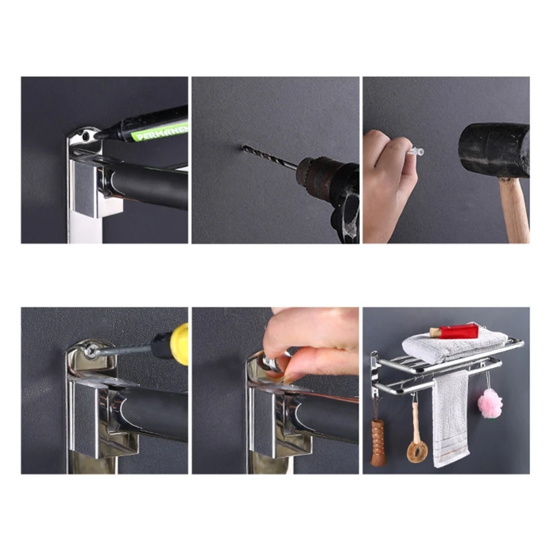 

Настенная складная вешалка для полотенец E7CC из нержавеющей стали, держатель для полотенец, полка для хранения в ванной комнате без перфорац...