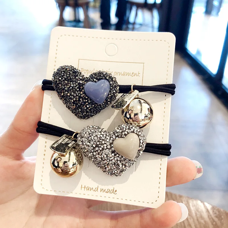 

Fashion Double Heart Elastic Hair Tie Hair Bands Bling Crystal Rhinestone Girls Hair Jewelry Headpiece for Women Hair Accesories
