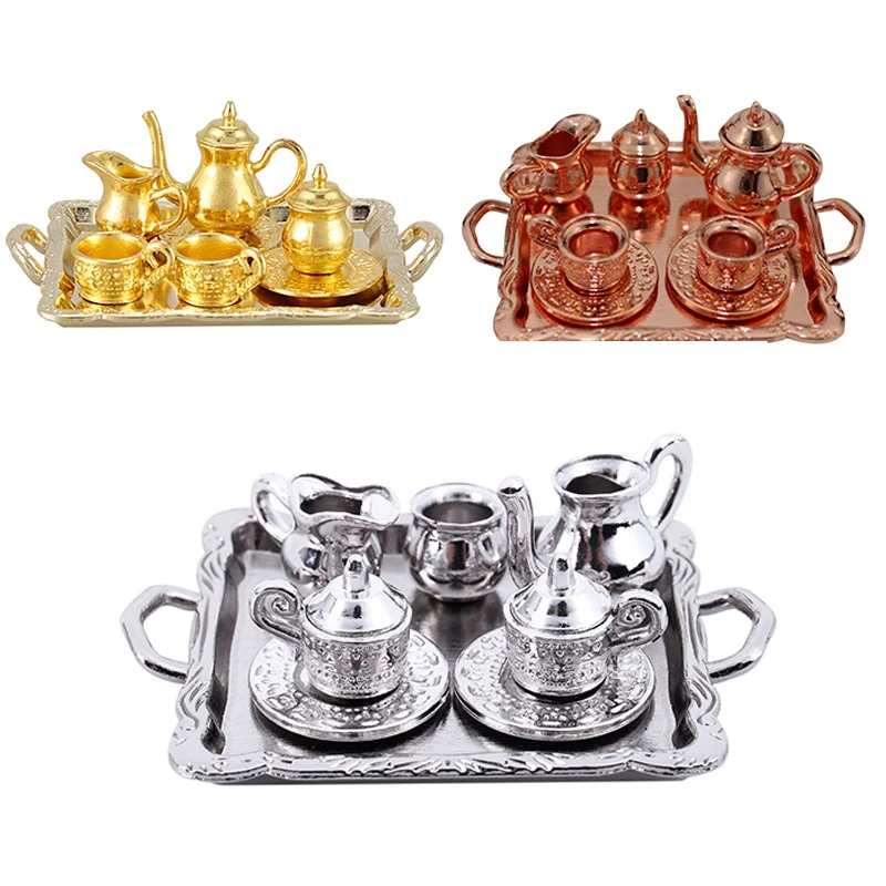 

Dollhouse Miniature 1: 12 Toy 8 Pcs Metal Tea Set Length 6.5cm