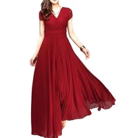 50 hot sales plus size solid color women party gown v neck short sleeve slim fits maxi dress