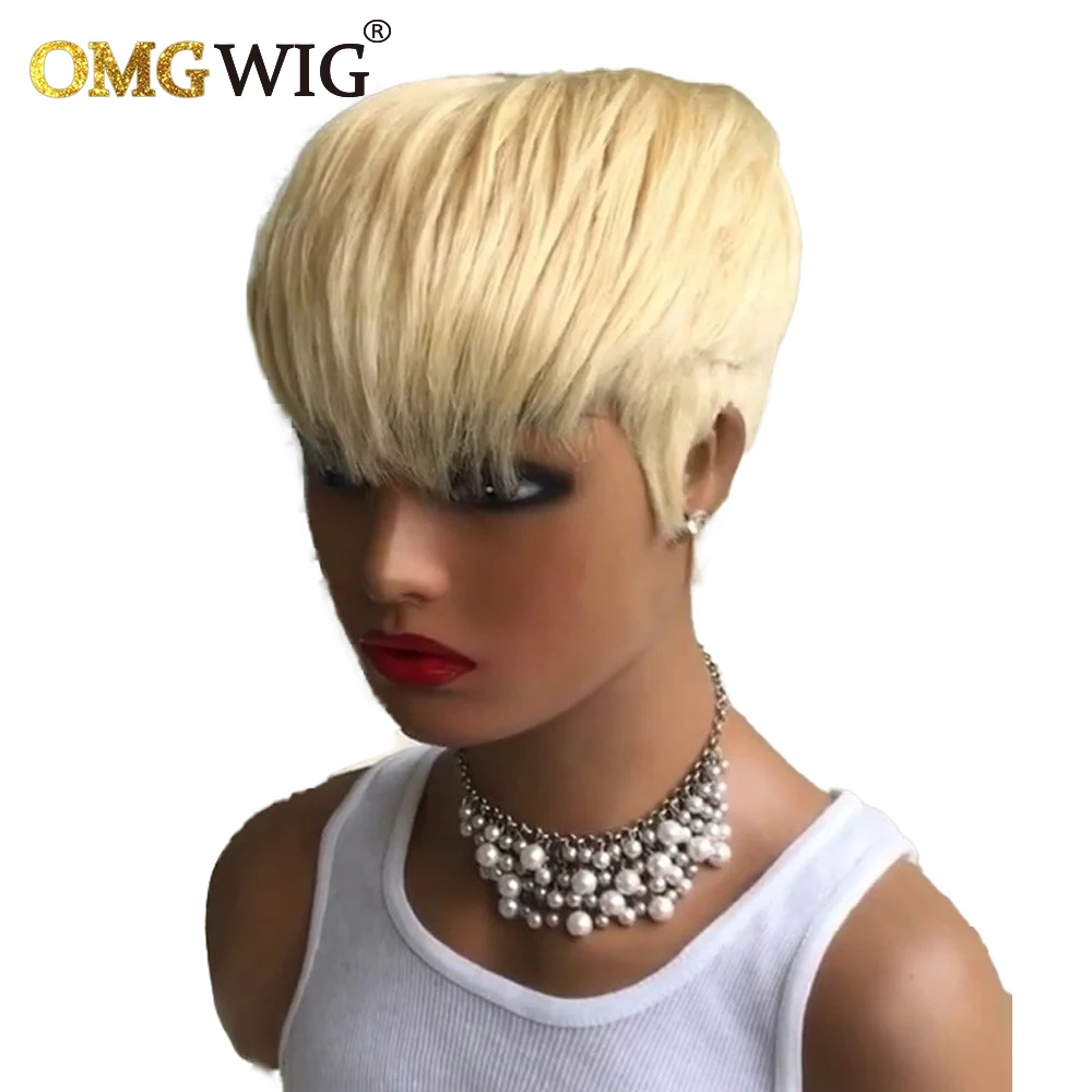 

613 Blonde Short Wigs Brazilian Remy Human Hair Full Machine Made Pixie Cut Wigs For Women Straight Bob Glueless Wig With Bangs