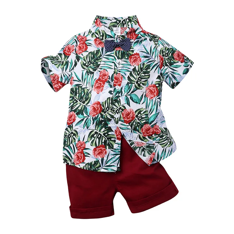 

New 2020 Boys Clothes Sets Summer Boys Fashion Print Short Sleeve Bow Shirts Tops with Solid Shorts Pants Kids Clothing Sets