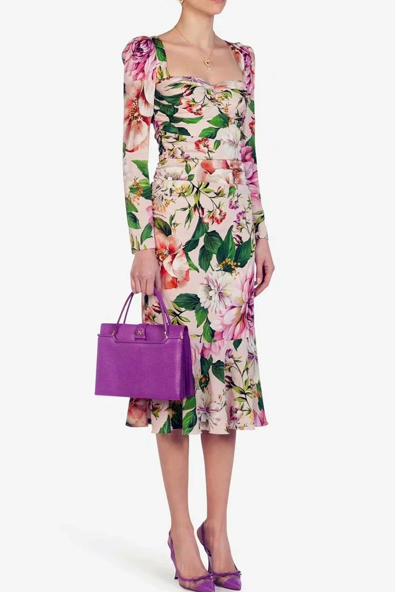 

Autumn 2021 fashion show new style ladies' temperament slim mid length Printed Dress