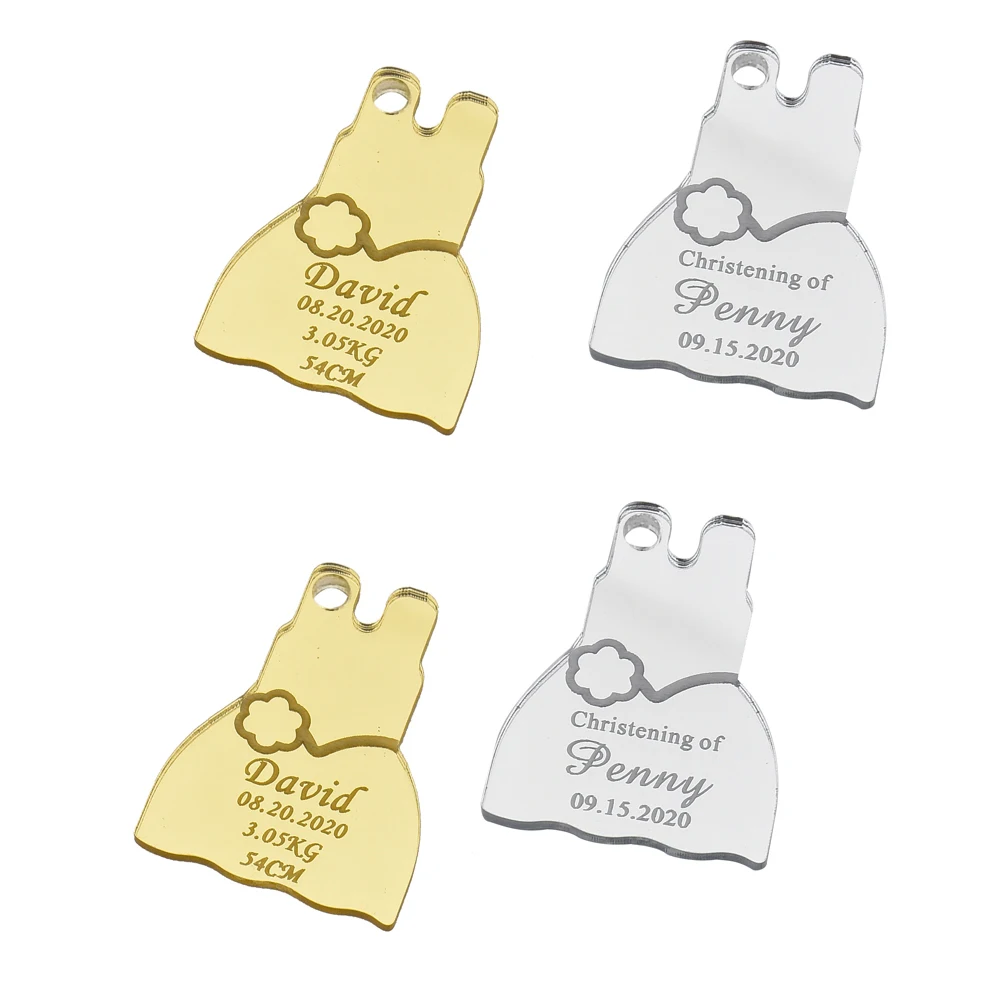 

100PCS Personalized Acrylic Dress Tags Tags Engraved Lettering Mirror Name Logo Chocolate Tags Party Baby Shower Decor Favor