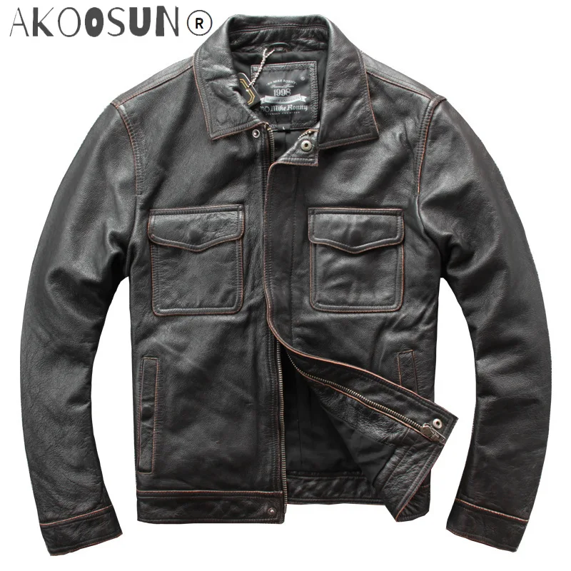 

Мужские мотоциклетные куртки из 2021 натуральной воловьей кожи, коричневое свободное кожаное пальто для мужчин, модель 100% размера плюс 5XL