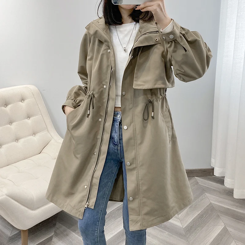 

2022 Fashion Long Trench Coats Women Clothing Spring Autumn Korean Drawstring Tie Hooded Windbreaker Outerwear d1255