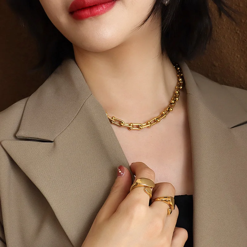 

Minar Hip Hop Gold Color Stainless Steel Chokers Necklace for Women Girls U Shape Chunky Chain Necklace Accessories Gifts