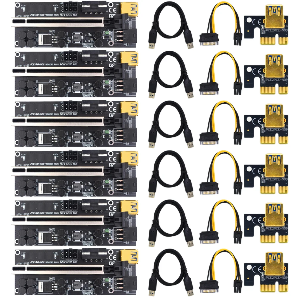 

6PCS PCIe Riser Card VER009S Plus PCI-E Express 1x to 16x Extender Adapter GPU Miner Bitcoin BTC Mining Board 60cm USB 3.0 Cable