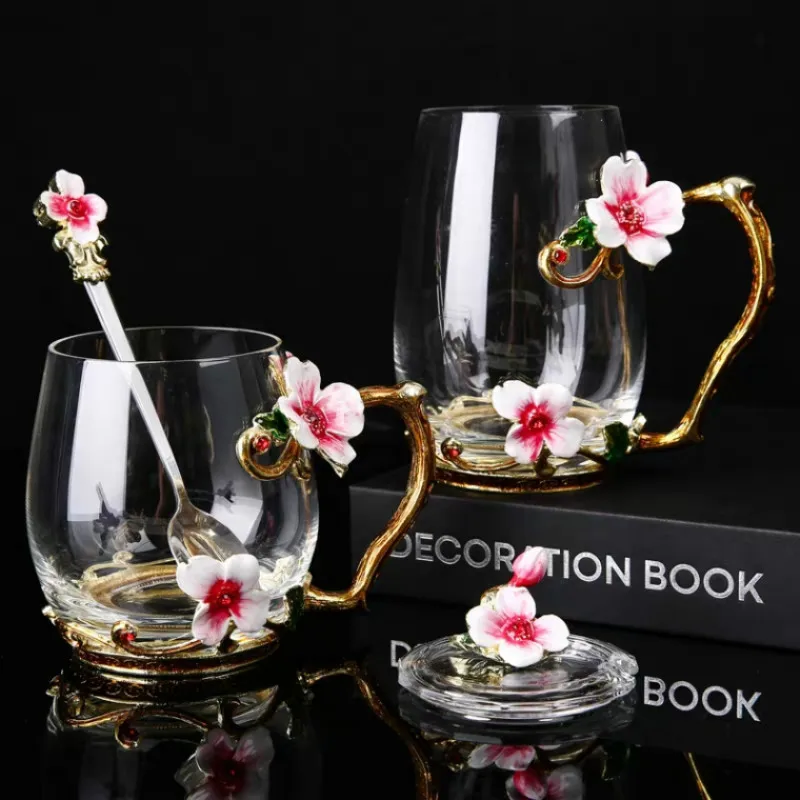 New Beauty And Novelty Enamel Coffee Cup Mug Flower Tea Glass Cups for Hot and Cold Drink Tea Mug Spoon Set Perfect Wedding Gift