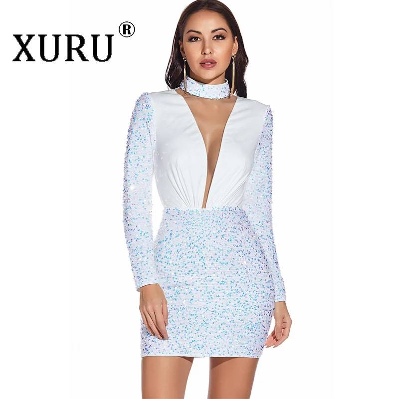 XURU European and American Sexy Long-sleeved Sequin Dress Women's New Style Women's Party Dress