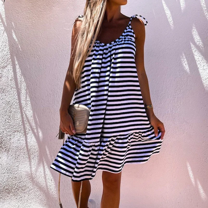 

Women Sexy Sling O Neck Beach Dresses 2021 Fashion Casual Striped Loose Mini Dress Summer Ruffle Sleeveless Party Dress Vestidos
