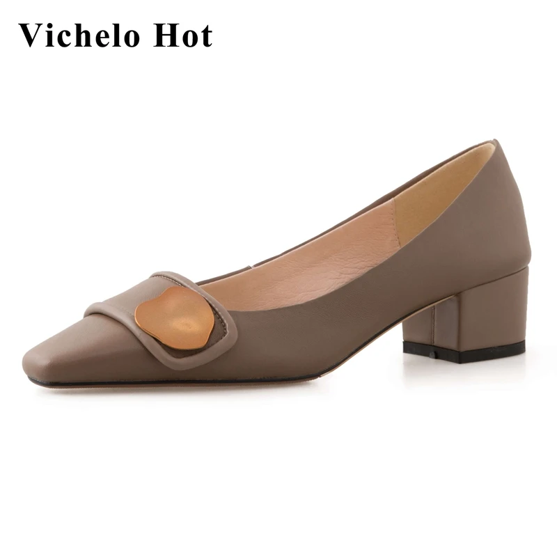

Vichelo Hot large size full grain leather square toe med heel European style shallow slip on spring new arrival women pumps L11