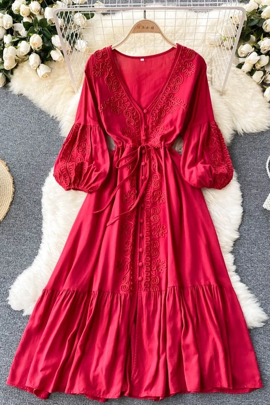 

Dress 2021 New Summer Goddess Temperament Elegant V-neck Double-Breasted Slim Mid-Length Puff Sleeve Vacation Skirt