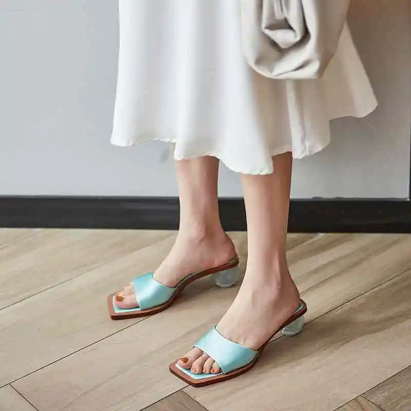 

Krazing pot daily wear high fashion high quality slip on mules square peep toe med crystal heel dress summer sandal women L45