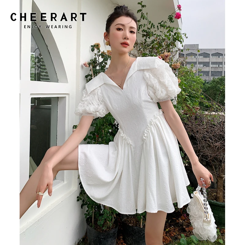 

Платье мини CHEERART с открытой спиной, белое платье с пышными рукавами и оборками, милая туника-трапеция с коротким рукавом, модная одежда в Кор...