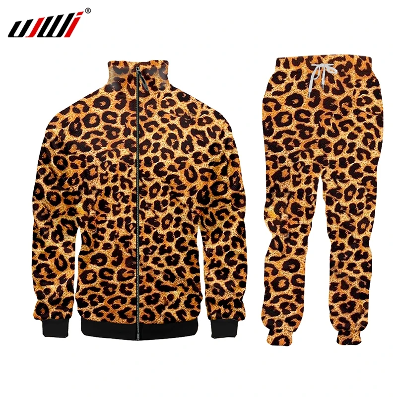 

UJWI Winter 3d Prin Leopard Fashion Zip Hoodies And Pants Men Couple Wear Funny Breathable Fitness Hoodie + Trousers Combo Suit