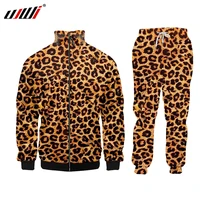 ujwi winter 3d prin leopard fashion zip hoodies and pants men couple wear funny breathable fitness hoodie trousers combo suit
