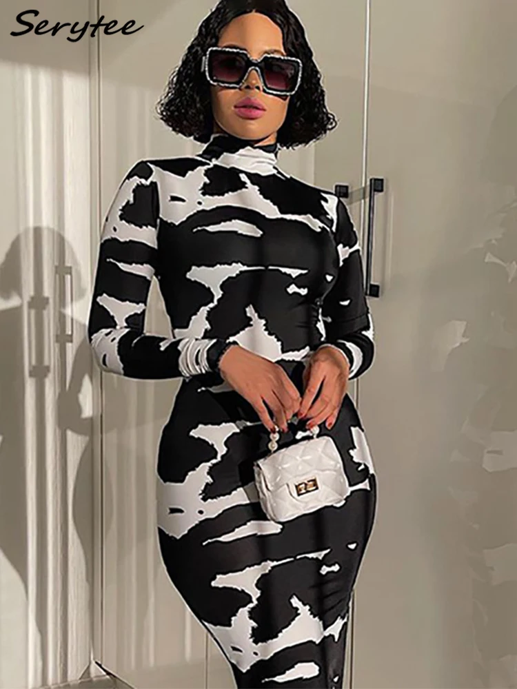 

Serytee Cute Cow Print Women Long Sleeve High Neck Bodycon Midi Dress 2021 Autumn Winter Fitness Sexy Festival Clubwear Dresses