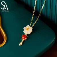 sa silverage 2021 new female jade clavicle chain summer gift agate camellia natural jade s925 silver red flower pendant necklace