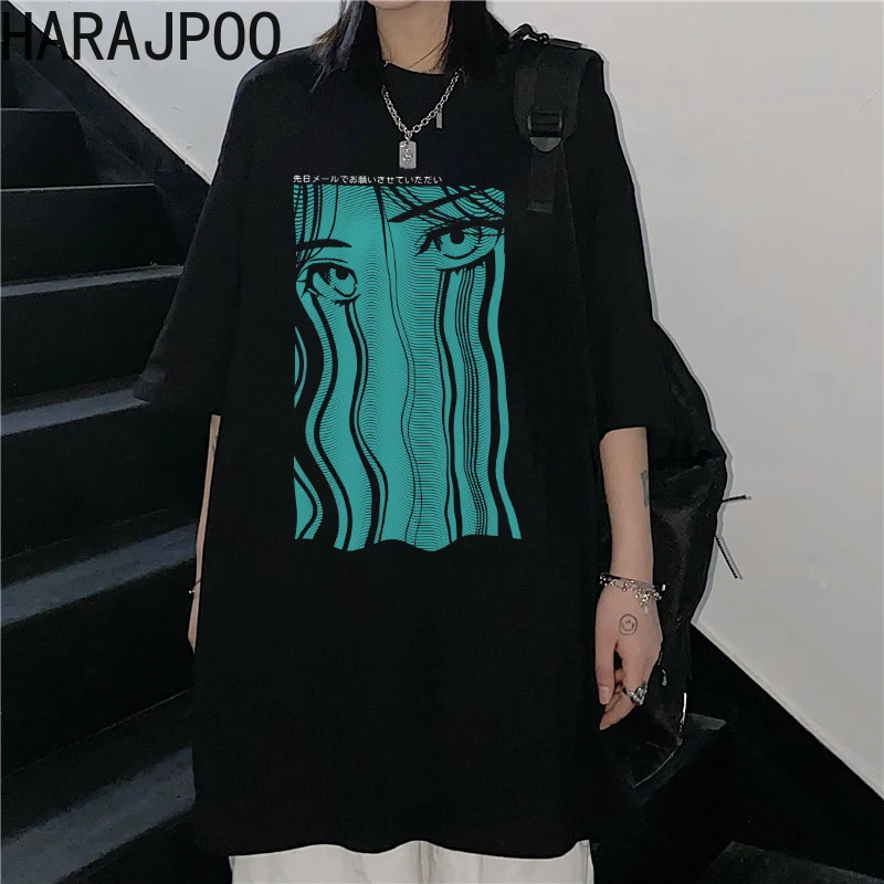 

Harajpoo Women T-shirts High Street Korean INS Hip Hop Tearful Printing Couple Wild Loose Casual Round Neck Short-sleeved Tops