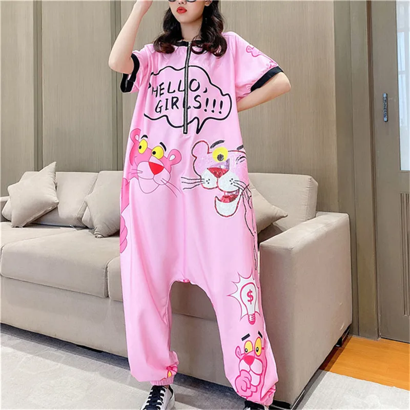 thailand tide brand hot drilling cartoon print thin denim jumpsuit summer short sleeve casual overalls jeans women free global shipping
