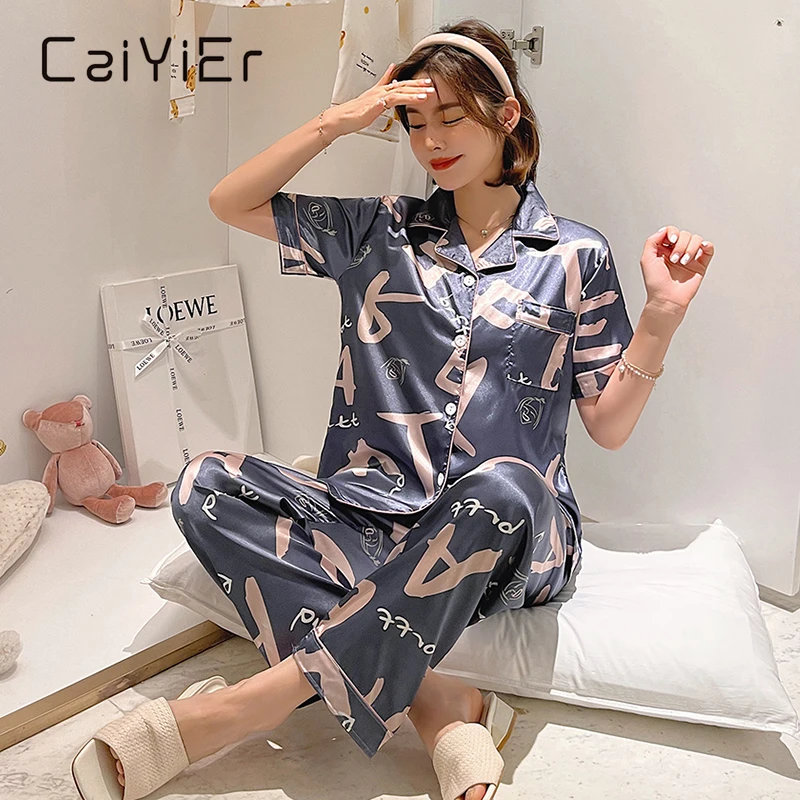 CAIYIER Summer Women New Pajamas Suit Silk satin Nightwear Girl Sweet Cartoon printing Pyjamas Short-sleeved Trousers Sleepwear