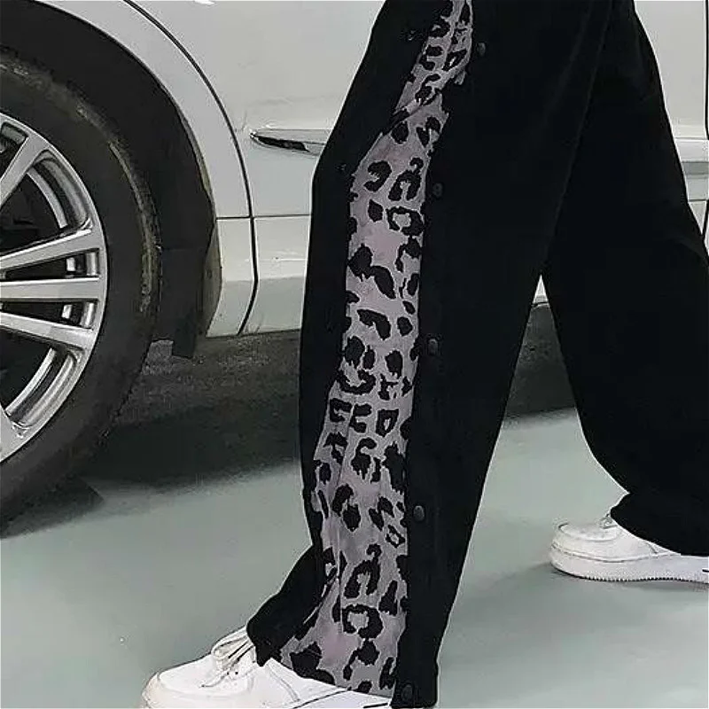 

Pantalon Mujer Gothic Buttons Elastic Waist Leopard Women Slim Sweatpants Casual Streetwear Spring Autumn Ins Wide Leg Pants