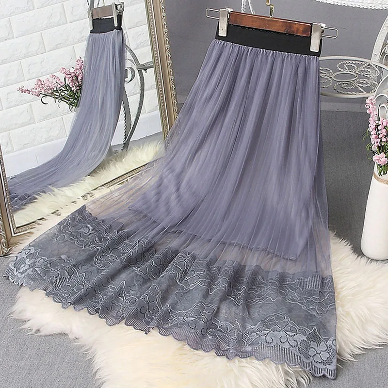 

Ladies Vintage Summer Skirts Womens Casual Elastic High Waist Elegant Sexy Midi Pleated Mesh Tutu Skirt Women Tulle Female