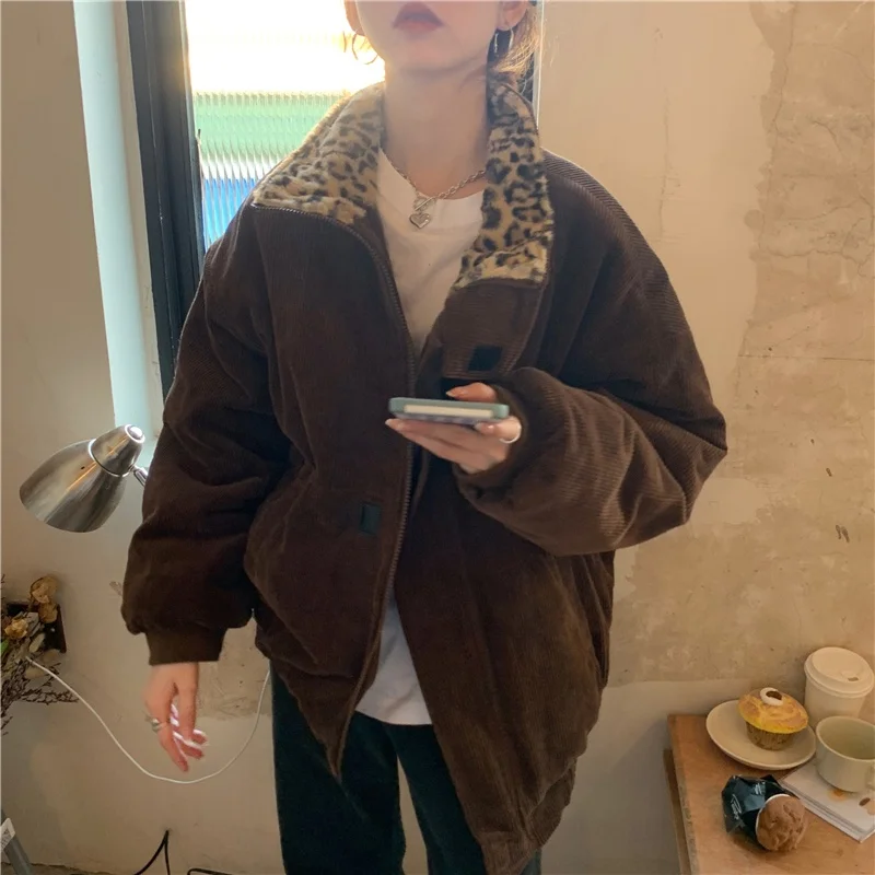 

2021 New Winter Leopard Patchwork Women Coat Corduroy Warm Loose Casual Jacket Female Outwear Elegant Tops