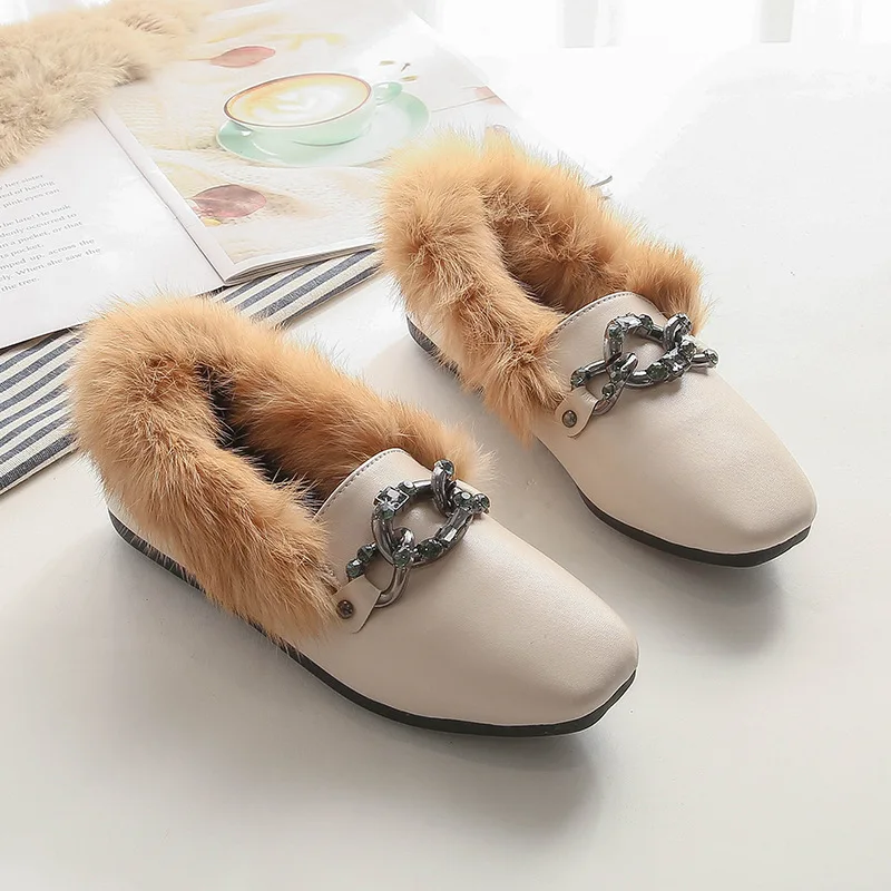 

Metal Chains Plush Shoes Woman Winter Wool Rabbit Hair Moccasins Furry Ladies Shoes Warm Office Loafers Leather Shoes Rabbit Fur
