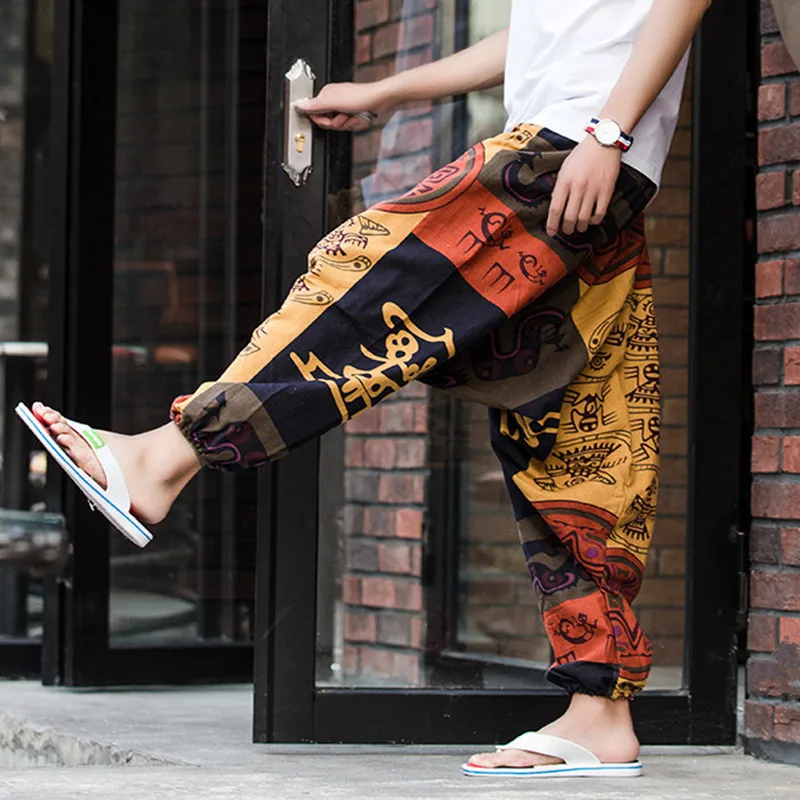 Брюки султанки мужские с принтом льняные свободные штаны в стиле хип хоп модные