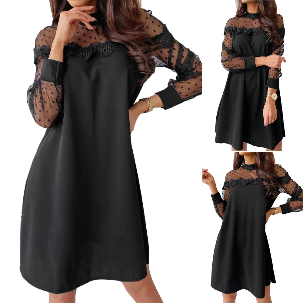 

Новинка, женское черное Сетчатое Прозрачное платье-трапеция, пикантное свободное черное кружевное лоскутное платье в горошек для вечеринк...