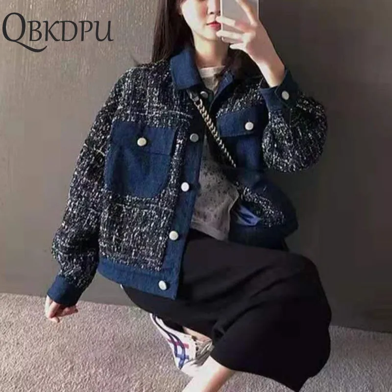 Элегантные женские черные твидовые куртки джинсовые клетчатые пальто осенние с
