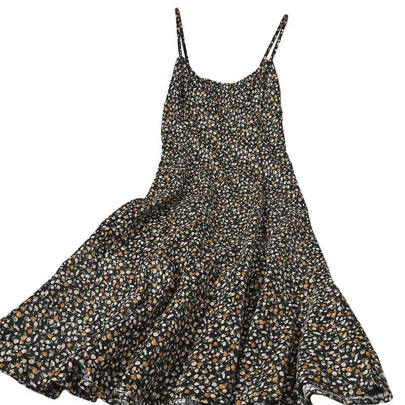 

Women Chic Fashion Corduroy Floral Print Vintage Spaghetti Straped Female Dresses Vestidos Mujer