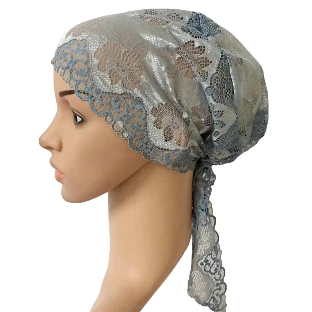 06 Dark Gray Flower Women Muslim Inner Cap Lace Head Wrap Cover Scarf Islamic Headwear Bonnet Hat Skullies Beanies Hair Loss Fashion - Цвет: 06 Dark Gray