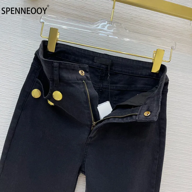 SPENNYMOOR 2021 Designer Brand High-End Custom Black Denim Pencil Pants Women Golden Buttons Elastic Ankle-Length Pants