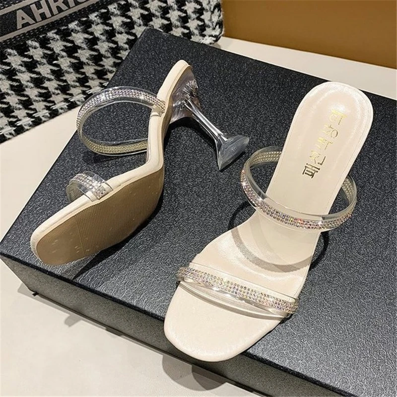 

Women's shoes slippers 2021 summer new style rhinestone PVC word belt outer wear fashionable high-heeled slippers