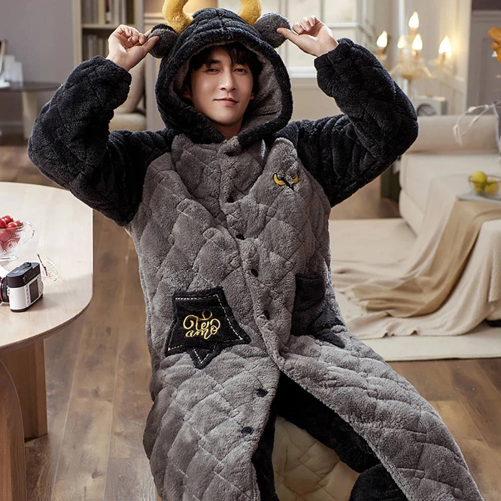 

Мужской махровый Халат с капюшоном, супертеплый 3-слойный толстый длинный халат, роскошное зимнее кимоно, мужская клетчатая Пижама с вышивк...