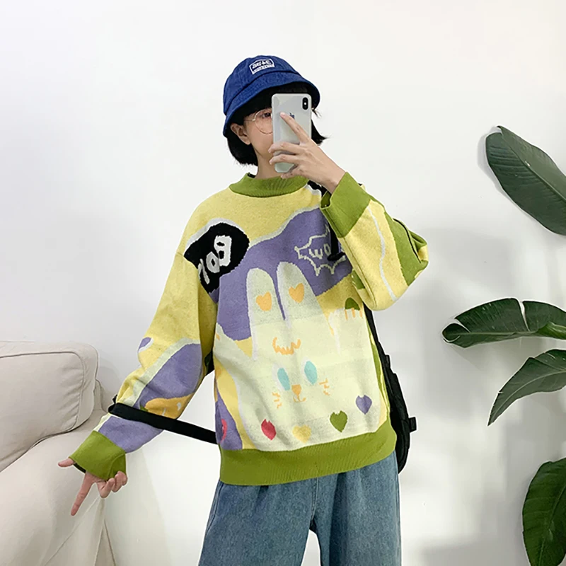 Женский утепленный свитер с длинным рукавом пуловер игривым рисунком вязаный