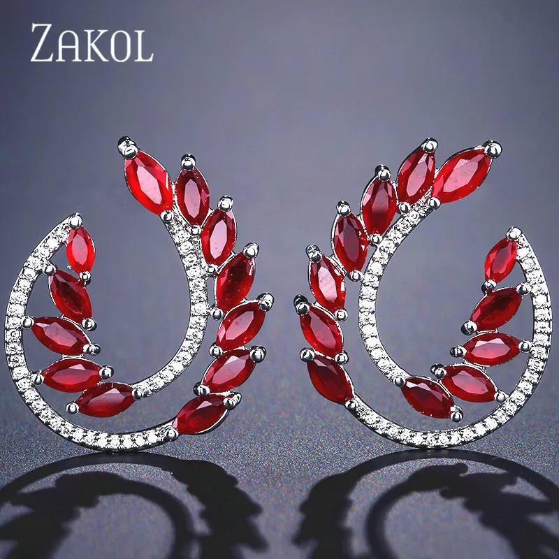 Red Модные синие серьги-гвоздики с фианитами и кристаллами ZAKOL для женщин, модные свадебные украшения в виде листьев FSEP2149 - Окраска металла: Red