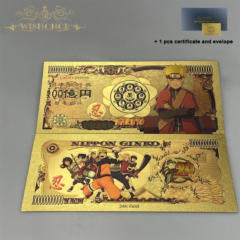

10pcs/lot Japan Anime Uzumaki Kakashi Sasuke Banknote Anime Plastic Card in 24k Gold Plated For Collection