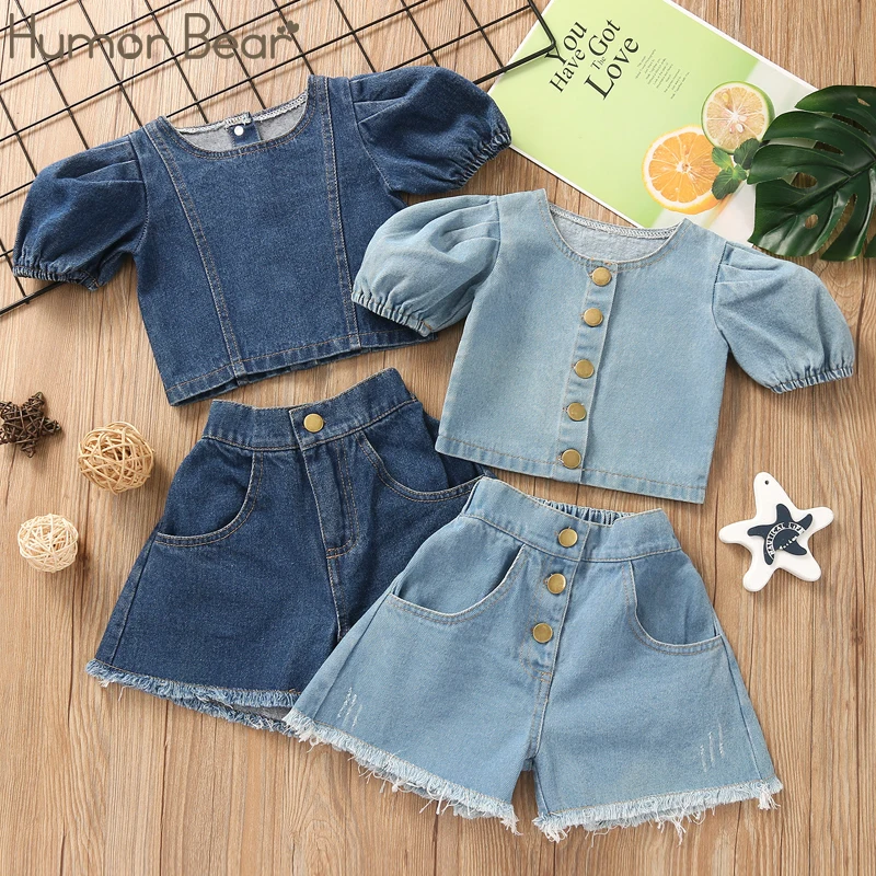 

Humor Bear Summer 2022 Girls Fashion Clothes Sets 2pcs Solid Denim Puff Sleeve T Shirts Tops Button Shorts 2 Colors